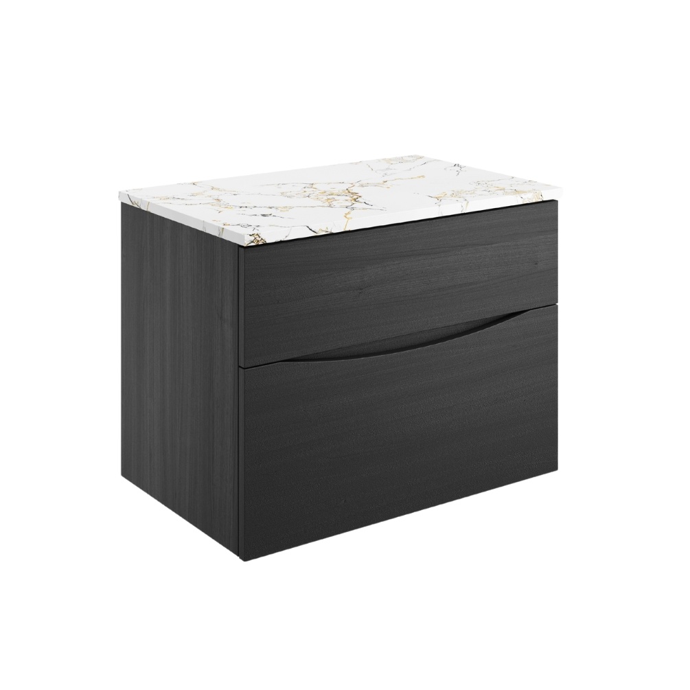Product Cut out image of the Crosswater Glide II Matt Black 700mm Double Drawer Unit with Gold Vein Worktop